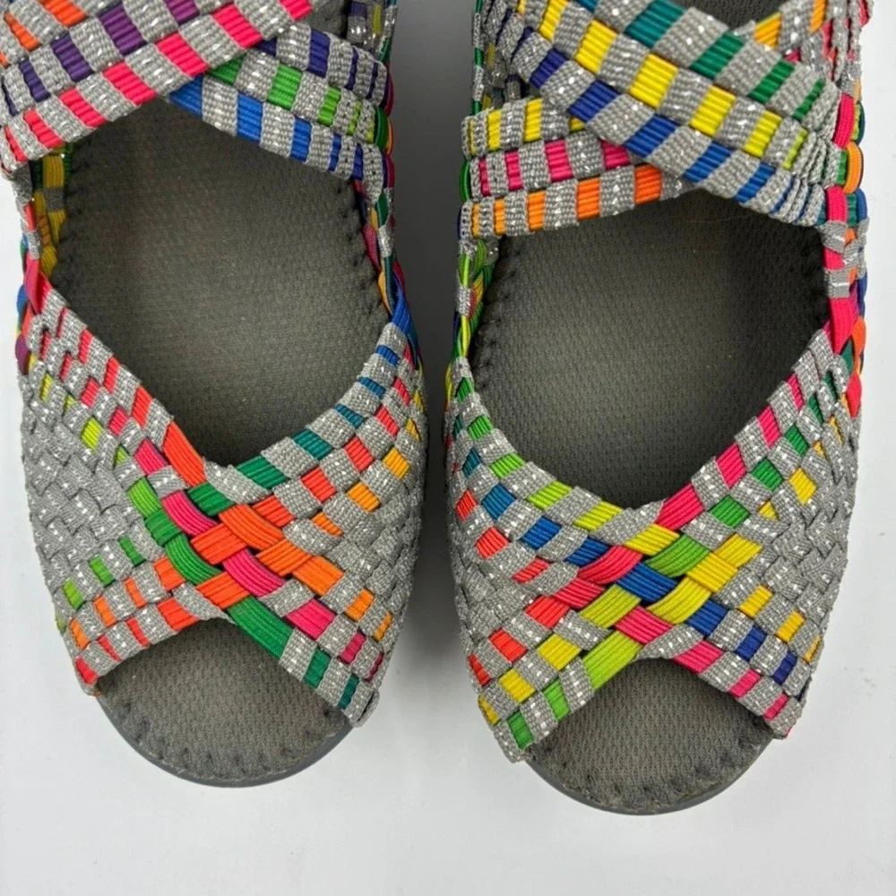 Bernie Mev Comfi Mary Jane 38/US 7 Rainbow Woven Wedge Sandals‎ Peep Toe Elastic
